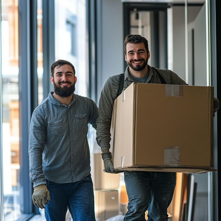 two office removal workers smiling