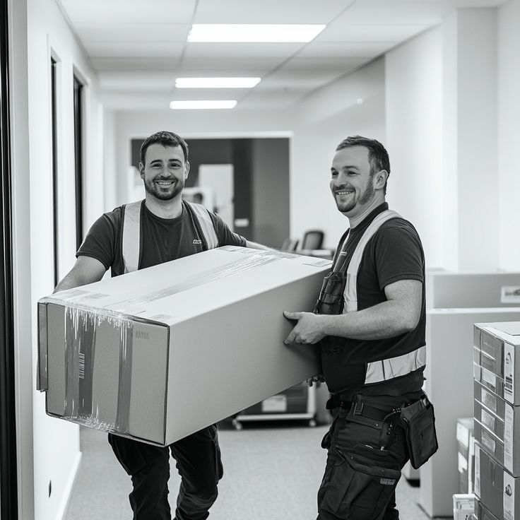 two removal men carrying a heavy box