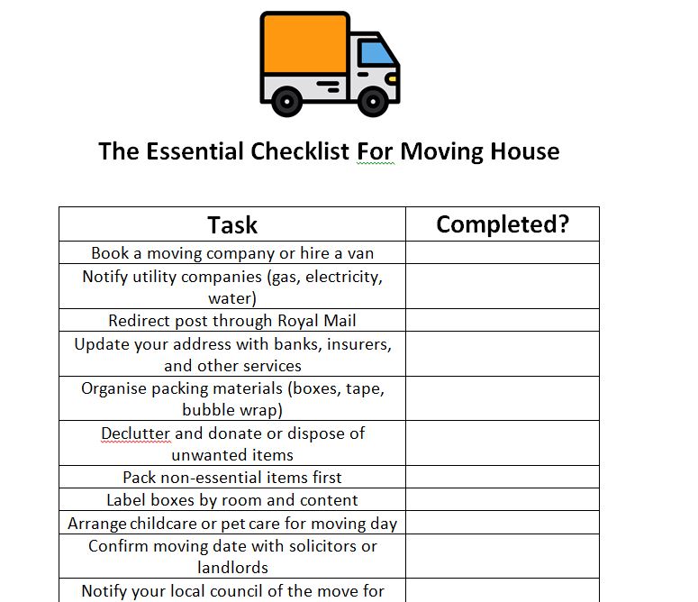 Checklist for moving house sample