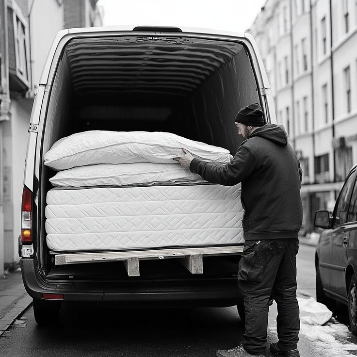 a man removing a mattress and loading it into a van