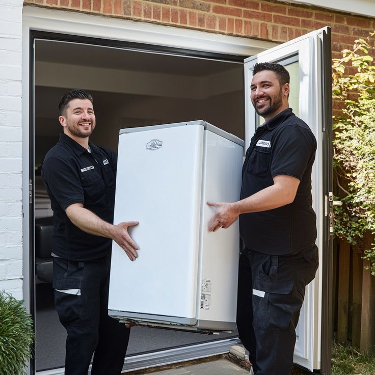 two men carrying a fridge