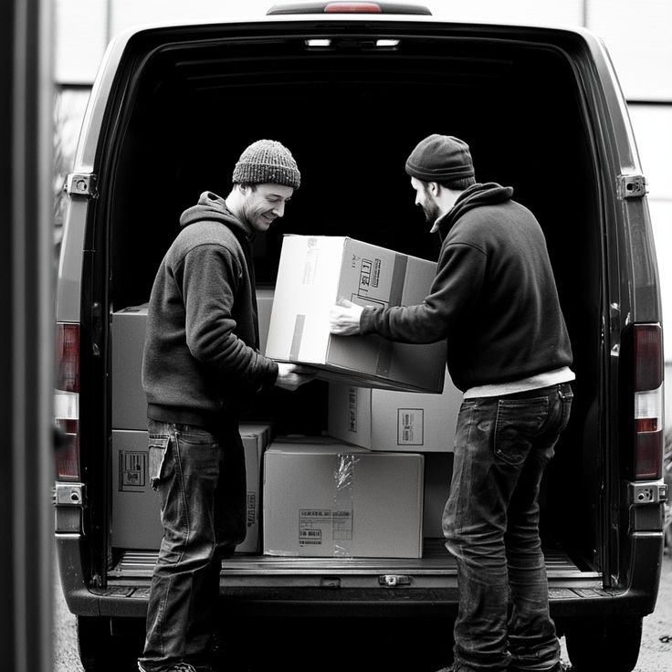 two removal men loading a van in widnes