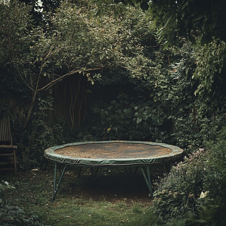 an old trampoline in need of a removal